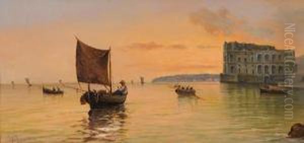 Barche Al Tramonto Sullo Sfondodi Palazzo Donnanna Oil Painting by Vincenzo Loria