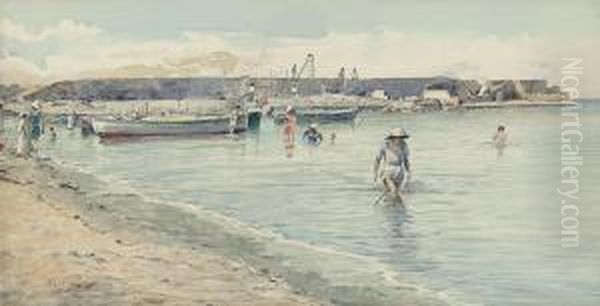 Swimmers On The Neapolitan Coast Oil Painting by Vincenzo Loria