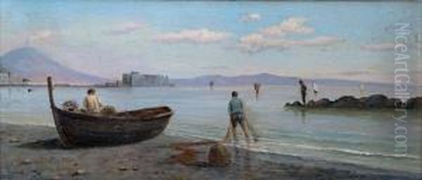 Veduta Di Ischia Dalla Spiaggia Con Pescatori Alle Reti Oil Painting by Vincenzo Loria