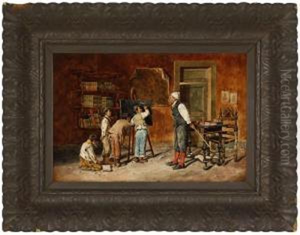 Boys And Teacher In A School Interior Oil Painting by Vincenzo Loria