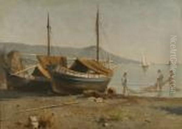 Marina Con Barche E Pescatori Oil Painting by Vincenzo Loria