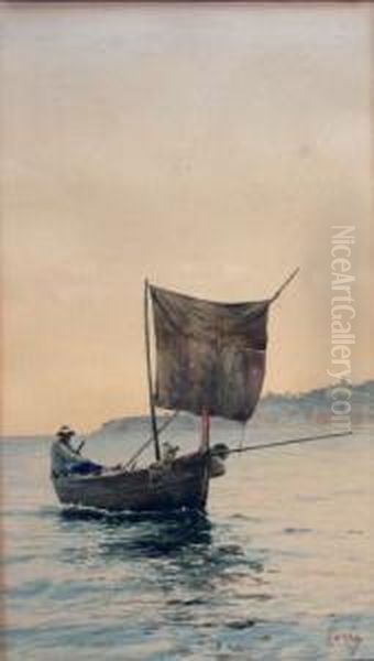 Pescatore Nel Golfo - Acquerello Su Cartone Oil Painting by Vincenzo Loria