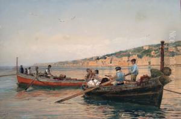 Pescatori Nel Golfo Di Napoli - Acquerello Su Carta Rip Su Cartone Oil Painting by Vincenzo Loria