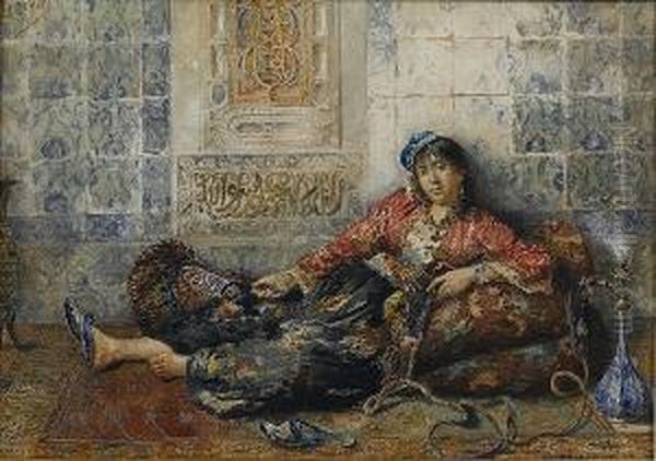 Portrait Of A Turkish Lady Smoking The Hookah by Vincenzo Loria