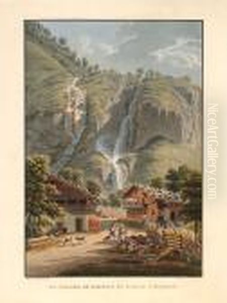 Les Cascades De Dorfbach Et Alpbach A Meyringen Oil Painting by Gabriel I Lory