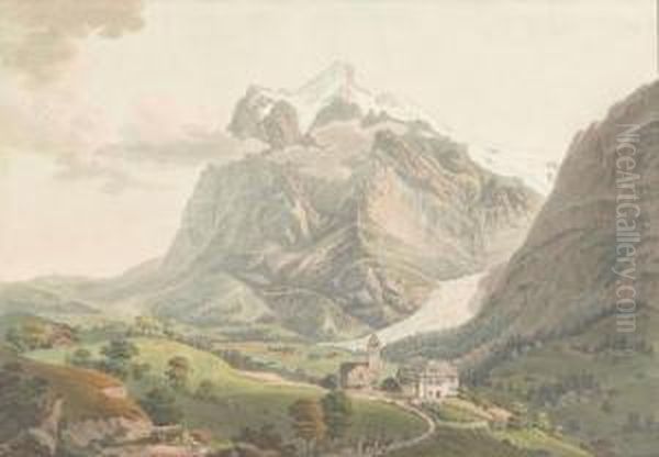 Ansicht Von Grindelwald Mit Kirche Und Dem Wetterhorn. Oil Painting by Gabriel I Lory