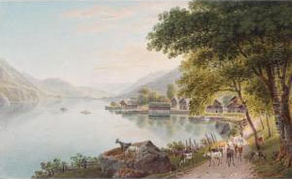 A Herd Of Goats By A Lake, Switzerland Oil Painting by Gabriel I Lory