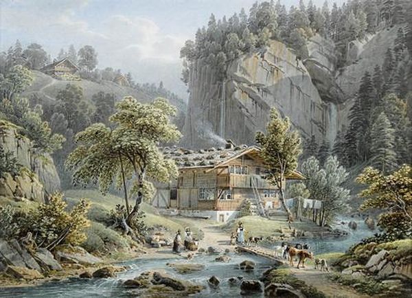 Vue Prise Au Hunibach Pres Thoune Oil Painting by Mathias Gabriel Lory