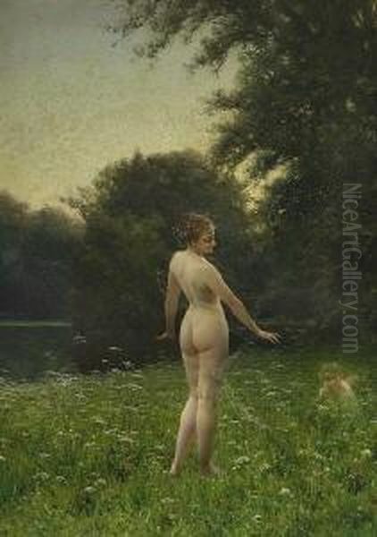 Nymphe Und Putto Am Waldteich. Oil Painting by Heinrich Lossow