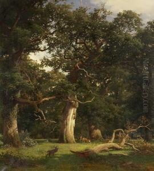 Waldlichtung Mit Rotwild. Oil Painting by Henry Lot