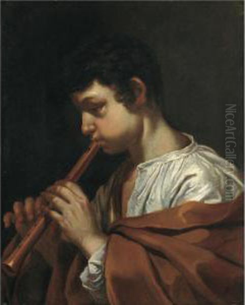 A Young Boy, In Profile, Playing A Pipe Oil Painting by Johann Karl Loth