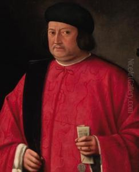 Portrait Of A Venetian 
Dignitary, Half-length, In Robes Of Office,holding A Letter Of 
Appointment Oil Painting by Lorenzo Lotto