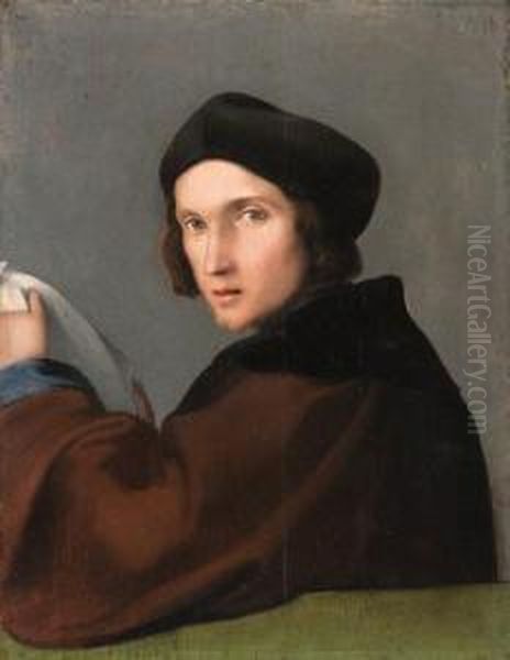 Portrait Of A Young Man, 
Half-length, In A Brown Mantle And A Darkcap, A Letter In His Hands Oil Painting by Lorenzo Lotto