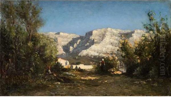 :vue Des Collines Des Environs 
De Marseille,collines Dallauch Ou Daubagne Avec Des Personnages Oil Painting by Emile Loubon