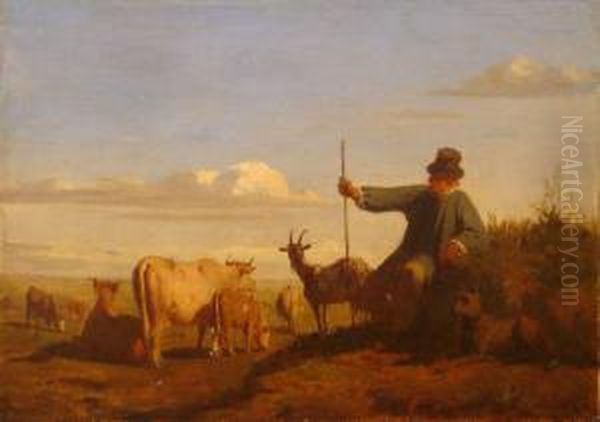 Paysan Gardant Des Vaches Et Une Chevre Oil Painting by Emile Loubon