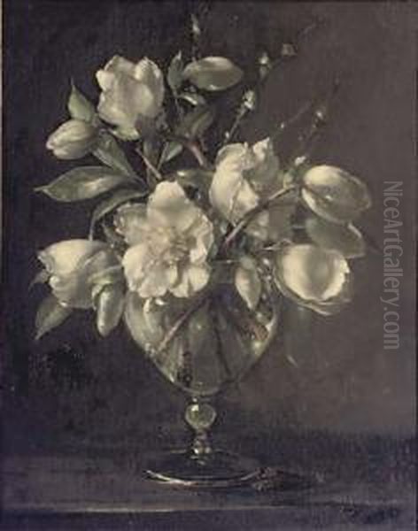 White Camelias In A Glass Vase On A Stone Ledge Oil Painting by Terence Loudon