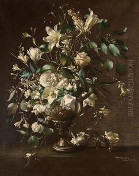 Still Life Of Mixed White Flowers In A Pewter Vase. Oil Painting by Terence Loudon