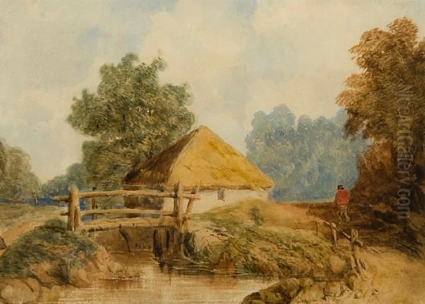 Figure Beside A Thatched Cottage And Woodenbridge Oil Painting by Thomas Lound