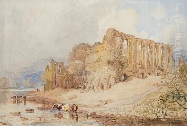 Cattle Before Easby Abbey Oil Painting by Thomas Lound