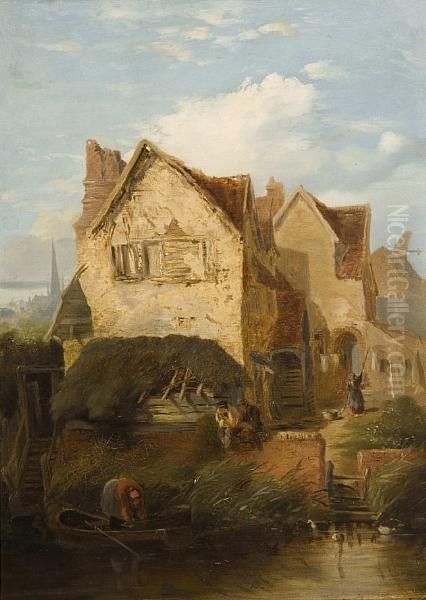 Figures Before A Cottage On The Yare, Norwich Oil Painting by Thomas Lound