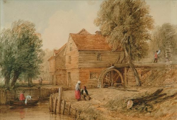 Figuresby A Watermill Oil Painting by Thomas Lound