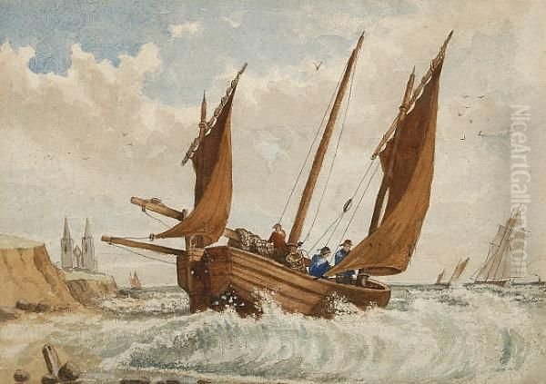 Fishing Boats With Pakefield Church Beyond Oil Painting by Thomas Lound