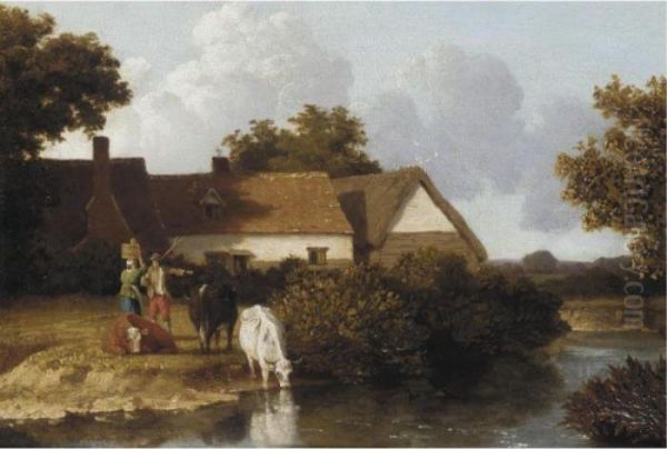 The Cows Watering Oil Painting by Thomas Lound