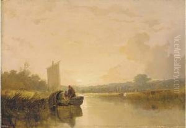 Evening On The River Yare At 
Whitlingham, With Figures In A Boat Inthe Foreground, Norwich Castle And
 Cathedral Beyond Oil Painting by Thomas Lound