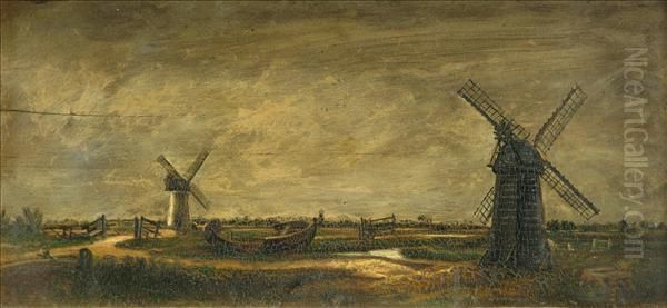 Windmills In Alandscape Oil Painting by Thomas Lound