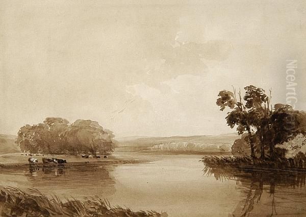 River Scene With Trees And Cattle Oil Painting by Thomas Lound