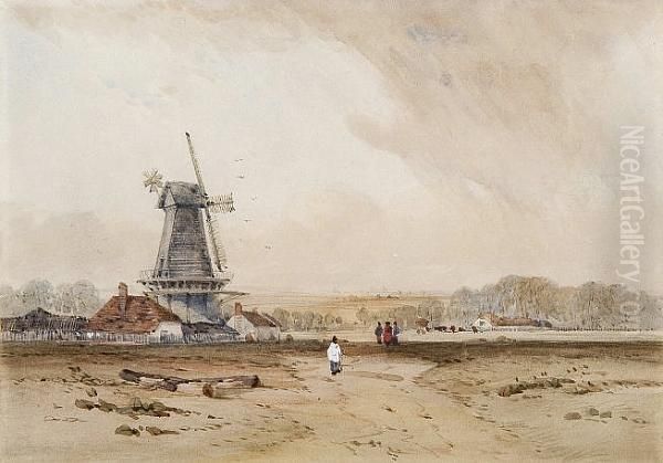 Figures By A Windmill Oil Painting by Thomas Lound