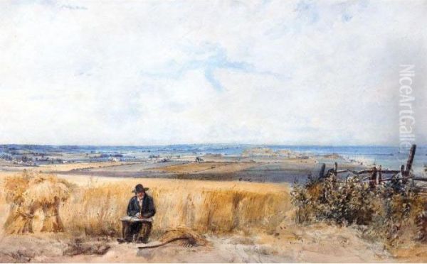 A Labourer At Lunch In A Cornfield Near Herne Bay, Kent Oil Painting by Thomas Lound