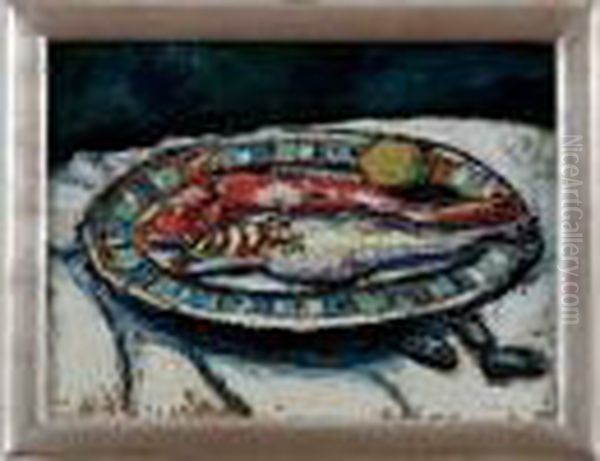 poissons Sur Un Plat En Faience De Forges-les-eaux Oil Painting by Maurice Louvrier