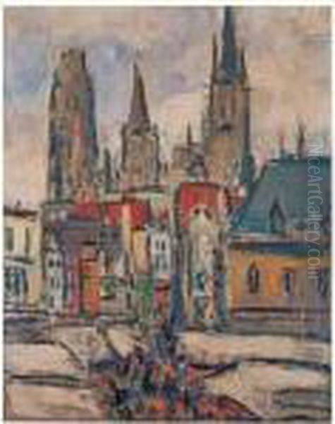 le Marche Rue De L'epicerie Et La Cathedrale De Rouen Oil Painting by Maurice Louvrier