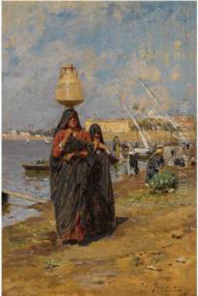 Women By The Nile Oil Painting by August Lovatti