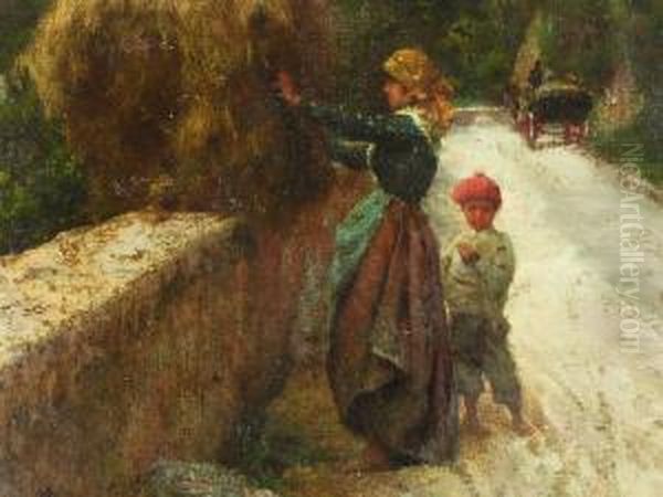 Mutter Mit Kind Auf Der Bergstrasse Oil Painting by August Lovatti