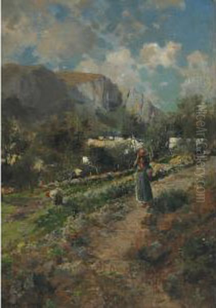 The Vineyards At Capri Oil Painting by August Lovatti