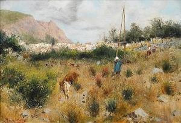 A Goatherd, Capri Oil Painting by August Lovatti