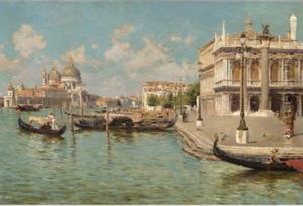 Gondoliers By St Mark's Square With Santa Maria Della Salute Beyond Oil Painting by August Lovatti