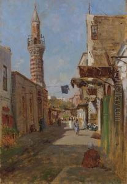 A Section Of The Main Street Of The Fatimid Area Of Al-qahira Oil Painting by August Lovatti