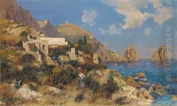 A Lady By A Coastline Cottage In Capri Oil Painting by August Lovatti