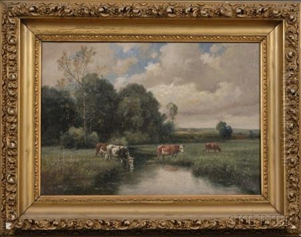 Cattle By A Quiet Brook. Oil Painting by Clinton Loveridge