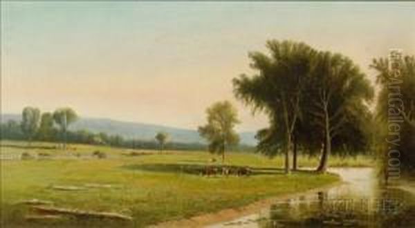 Valley Panorama With Pastures And Trout Stream. Oil Painting by Clinton Loveridge