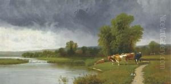 Cattle Grazing By A River Oil Painting by Clinton Loveridge