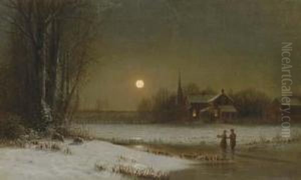 Moon Over The Skating Pond Oil Painting by Clinton Loveridge