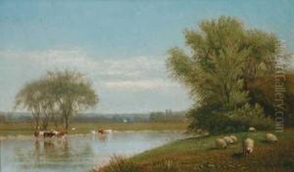 Cattle & Sheep In A River Landscape Oil Painting by Clinton Loveridge