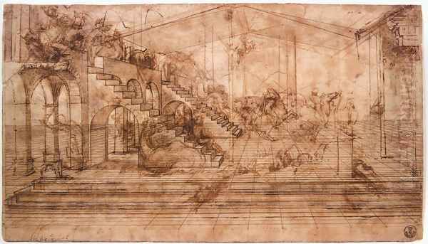 Perspectival study of the Adoration of the Magi c. 1481 Oil Painting by Leonardo Da Vinci