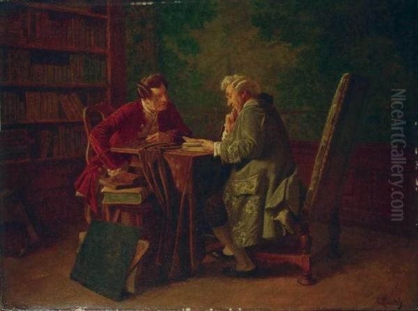 Konversation Zweier Herren In Einer Bibliothek. Oil Painting by Wilhelm Lowith