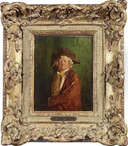 A Rococo Period Gentleman With A Walking Stick. Oil/panel, Signed Oil Painting by Wilhelm Lowith