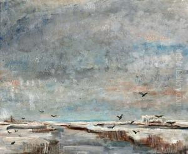 Winters Landschap Met Kraaien Oil Painting by Adriaan Lubbers